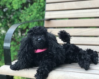 Realistic stuffed black poodle with faux fur.  Art toy handmade.