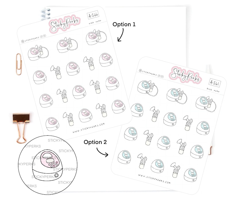 May include: Two sheets of stickers with illustrations of breast pumps and bottles. The stickers are labeled "Sticky Perks" and "A-266". One sheet has pink pumps and the other has blue pumps.