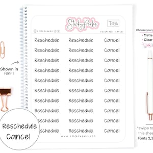 Pode incluir: Uma folha de adesivos para planejador com as palavras "Reschedule" e "Cancel" repetidas várias vezes. Os adesivos são impressos em tinta preta em papel branco. A folha faz parte de um planejador e tem uma encadernação em espiral dourada. A folha é etiquetada como "T-036 Reschedule Cancel".