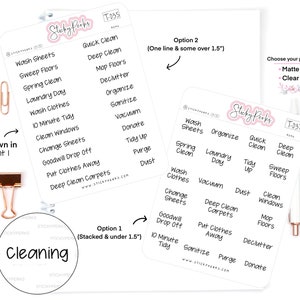 Pode incluir: Duas folhas de papel adesivo branco com texto preto. A primeira folha tem uma lista de tarefas de limpeza, como "Wash Sheets", "Sweep Floors", "Spring Clean", "Laundry Day", "Wash Clothes", "10 Minute Tidy", "Clean Windows", "Change Sheets", "Goodwill Drop Off", "Put Clothes Away", e "Deep Clean Carpets". A segunda folha tem uma lista de tarefas de limpeza, como "Wash Sheets", "Organize", "Quick Clean", "Deep Clean", "Spring Clean", "Laundry Day", "Tidy Up", "Sweep Floors", "Wash Clothes", "Vacuum", "Dust", "Clean Windows", "Change Sheets", "Deep Clean Carpets", "Goodwill Drop Off", "10 Minute Tidy", "Sanitize", "Purge", e "Donate". As folhas são etiquetadas como "Opção 1 (Stacked & under 1.5")" e "Opção 2 (One line & some over 1.5")".