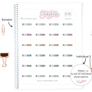 Può includere: Un foglio di campioni di adesivi per pennarelli colorati con il testo "Sticky Perks" e "A-392 WEGOVY" su sfondo bianco. Il foglio fa parte di un quaderno a spirale.