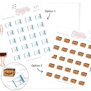 May include: Two sheets of stickers featuring illustrations of Amazon boxes. The first sheet has 25 stickers with a blue and white design. The second sheet has 25 stickers with a brown box design. The text on the sheets reads "Sticky Perks" and "Amazon Boxes".