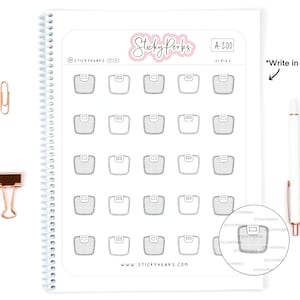 May include: A sheet of printable stickers featuring 20 gray and white scale outlines. The sheet is labeled "A-200 Scales" and "Sticky Perps". The text "Write in" is written on the sheet with an arrow pointing to the scales.