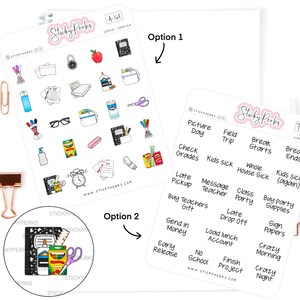 May include: Two sticker sheets with school-themed illustrations. One sheet features various school supplies like pencils, notebooks, and an apple. The other sheet has text labels for school events such as "Picture Day" and "Field Trip".