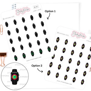 Può includere: Due fogli di adesivi con illustrazioni in bianco e nero di smartwatch. Il primo foglio ha il testo "A-441 Smart Water" e il secondo foglio ha il testo "A-204 Fitness Watch". Entrambi i fogli hanno il testo "Sticky Perks" e "www.stickyperks.com".