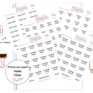 Pode incluir: Um conjunto de 100 folhas de adesivos transparentes com vários designs e textos. Os adesivos são organizados em categorias, incluindo "Change Ring", "Change Patch", "Depo Shot", "New Pack" e "Check MD". Os adesivos são projetados para uso em planejadores, diários e outros artigos de papel.