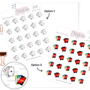 May include: Two sheets of stickers featuring playing card designs. The first sheet has a white background with multiple black and red playing card icons. The second sheet has a white background with multiple colorful UNO card icons. The text "Sticky Perks" and "Playing Cards" is printed on both sheets.