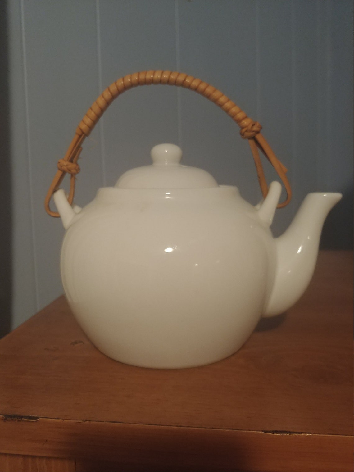 White Teapot with wicker handle Used Etsy