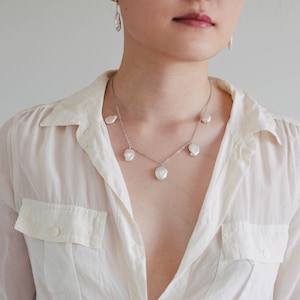 Baroque Pearl Long Necklace Irregular Pendant Coin Shape S925 Silver Adjustable - White and Silver - Freshwater Pearls Natural Gems - LAELIA