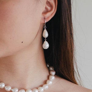Baroque Pearl Earrings Irregular Round Dangle Teardrop Hoop Earring Gold-filled - White and Silver - Freshwater Pearls Natural Gems - LAELIA
