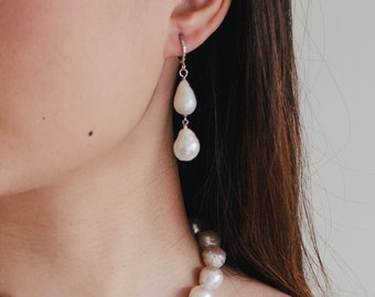 Baroque Pearl Earrings Irregular Round Dangle Teardrop Hoop Earring Gold-filled - White and Silver - Freshwater Pearls Natural Gems - LAELIA