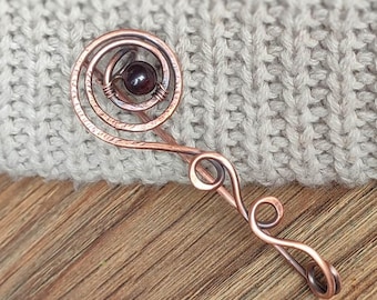 Oxidized Copper Garnet Brooch: Handcrafted Shawl Pin