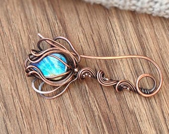 Labradorite Shawl Pin: Oxidized Copper Flower Brooch, Floral cardigan clip