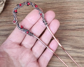 Copper Hair Fork with Red Crystal Beads: Oxidized Metal Hair Pin