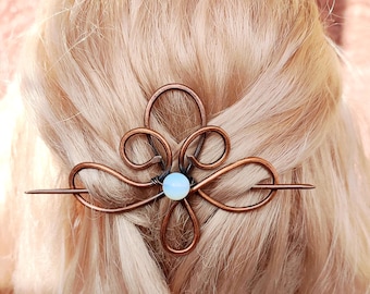 Oxidized Copper Celtic Hair Clip: Wire Wrapped Hair barrette with Opalite