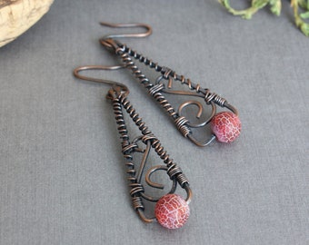 dangle earrings long wire wrap earrings Copper wire wrapped jewelry red earrings wire wrap jewelry gift for her Anniversary metal earrings