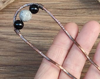 Oxidized Copper Hair Fork with Agate Gemstone - Rustic Hair Pin