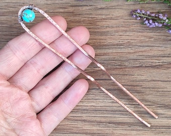 Oxidized Copper Hair Fork with turquoise: Handcrafted Hair Pin