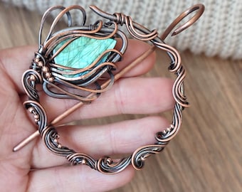 Oxidized Copper Wire Wrapped Brooch with Labradorite Stone