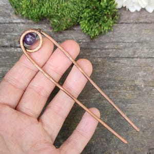 Oxidized Copper Hair Pin: Amethyst Gemstone, Rustic Hair Slide