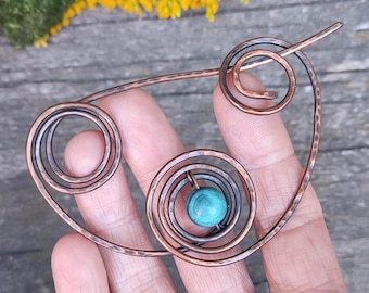 Oxidized Copper Wire Brooch: Agate Shawl Pin, Rustic Scarf Clip
