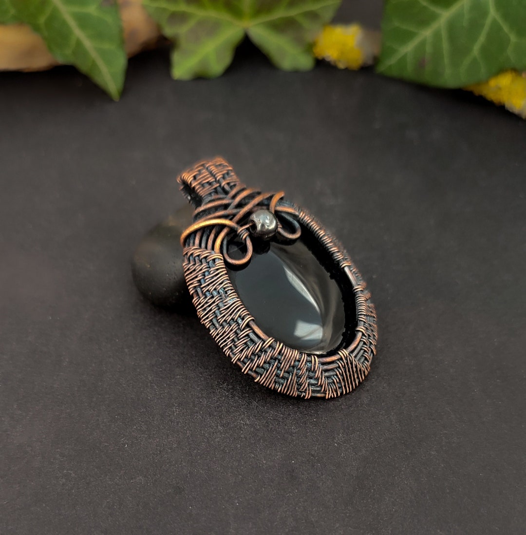 Wire Wrapped Pendant Black Agate Necklace Mens Gemstone - Etsy
