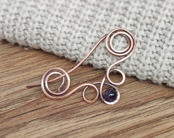 Amethyst Copper Brooch: Celtic Knot Shawl Pin, Cardigan Clip