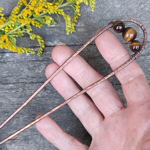 Tiger eye hair pin, copper hair stick, copper hair fork, copper hair comb, rustic hair pin, rustic hair fork, gift for sister, gift for her