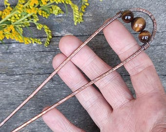 Tiger Eye Copper Hair Fork: Rustic Hand Forged Hair Pin