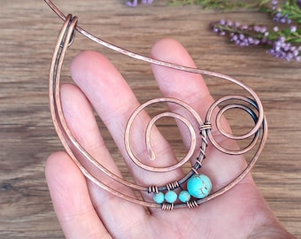 Turquoise Copper Brooch: Floral Shawl Pin, Oxidized Metal