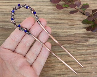 Copper Hair Pin with Blue Crystal Beads: Oxidized Metal Hair Fork
