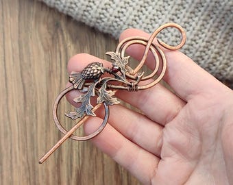 Garnet Brooch: Hammered Copper Wire Wrap, Copper Shawl pin