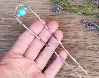 Oxidized Copper Hair Fork with turquoise: Handcrafted Hair Pin