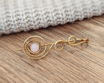 Brass Brooch: Rose quartz Handcrafted Shawl Pin
