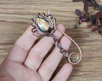 Copper Labradorite Shawl Pin: Woven Wire Brooch