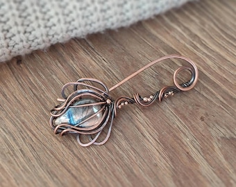 Copper Labradorite Shawl Pin: Woven Wire Brooch
