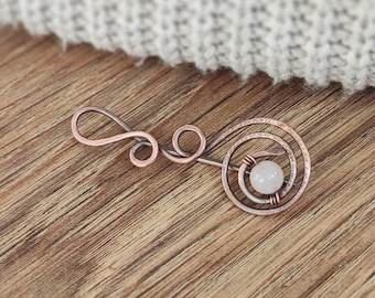 Oxidized Copper Rose quartz Brooch: Handcrafted Shawl Pin