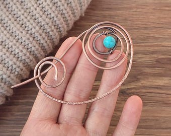 Oxidized Copper Wire Brooch: Turquoise  Shawl Pin, Rustic Scarf Clip