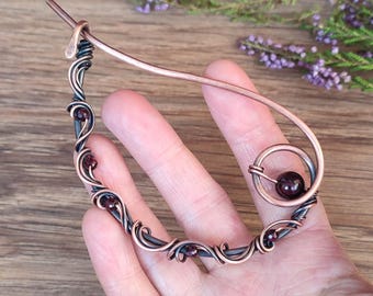 Garnet brooch, cooper shawl pin, metal cardigan clip, floral brooch
