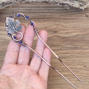 Oxidized Copper Hair Fork: Wire Wrapped Hair Pin with Blue Crystal