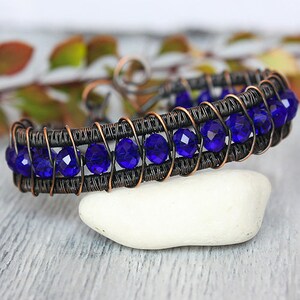 Oxidized Copper Wire Wrapped Bangle: Adjustable Blue Crystal Bracelet