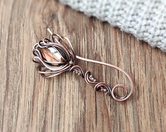 Labradorite Shawl Pin: Oxidized Copper Flower Brooch, Floral cardigan clip
