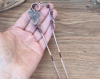 Oxidized Copper Hair Fork with Garnet: Wire Wrapped Hair Pin