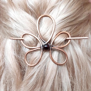 Floral hair clip, garnet hair pin, copper hair clip, copper hair Barrette, gemstone hair stick, metal hair fork, wire wrap hair clip