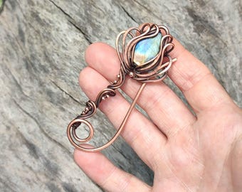 Labradorite Copper Brooch: Wire Wrapped Shawl Clip, Oxidized Metal