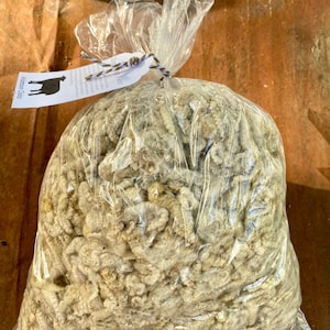 May include: A clear plastic bag filled with a large amount of light gray wool roving. The bag is tied with a brown string and a white tag that reads "Roving For Sale" and "American Alpaca".
