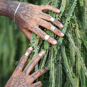 Peut inclure: Deux mains portant de multiples bagues argentées sont ornées de tatouages complexes. Les mains sont tendues vers un fond de verdure.