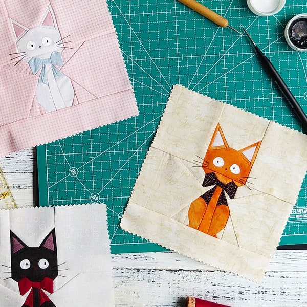 Black Cat Quilt Block Pattern - Kitty Quilt Block | Animal Quilt Block | Pieced Block Pattern