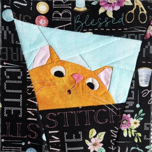 May include: A patchwork quilt block featuring a cartoon orange cat with pink ears and a black nose. The cat is peeking out from behind a blue fabric panel. The background fabric is black with white text that says "Blessed", "Stitch", and "Skills".
