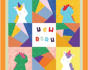 Joli motif de courtepointe pour bébé avec licorne et bébé dragon | Courtepointe nouveau-né | patrons de couette bébé pdf